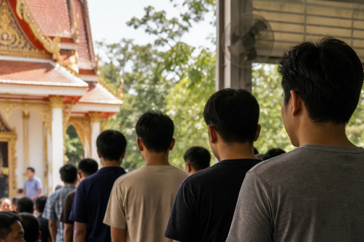 Young men queue outside a temple hall on draft day