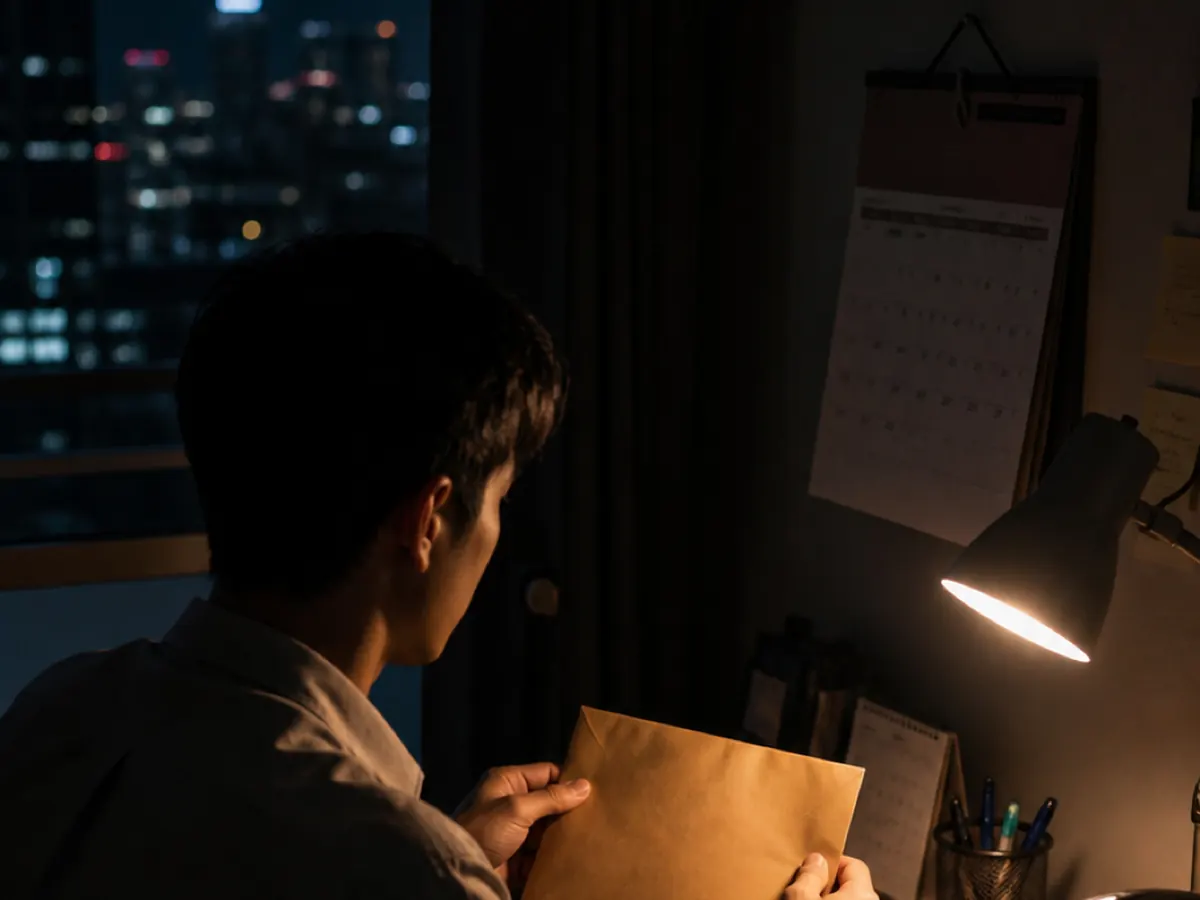 A young man reads a brown envelope at a desk under a lamp