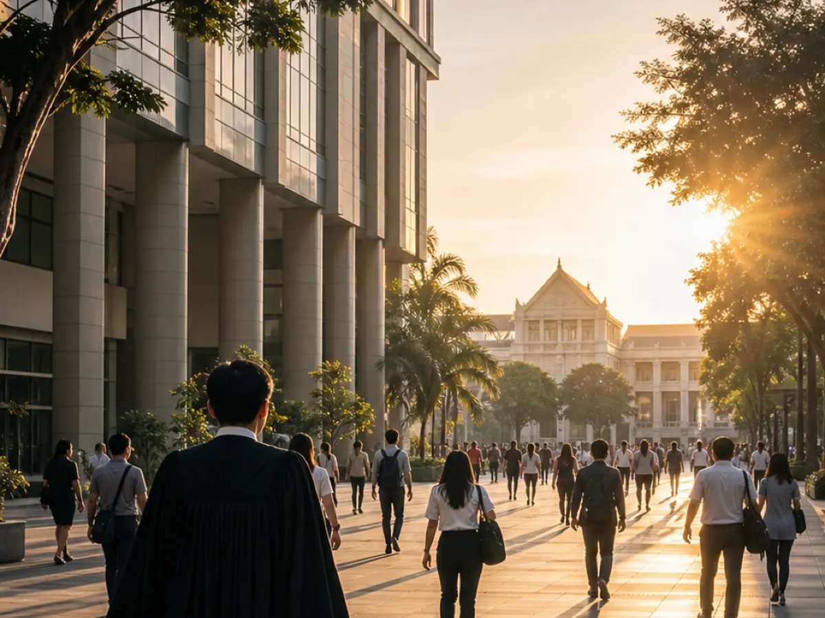 Students walk towards a university building at sunset