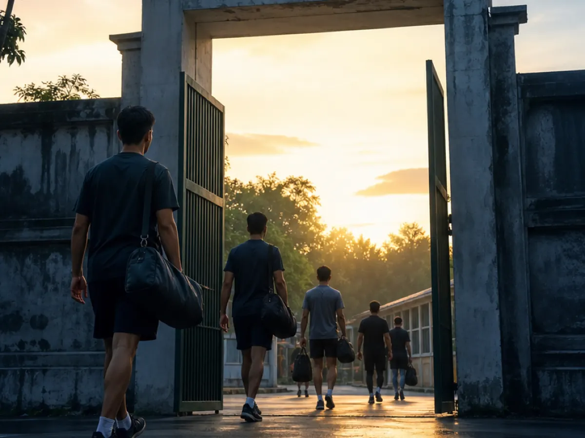 A young man walks through an open gate towards the evening sky