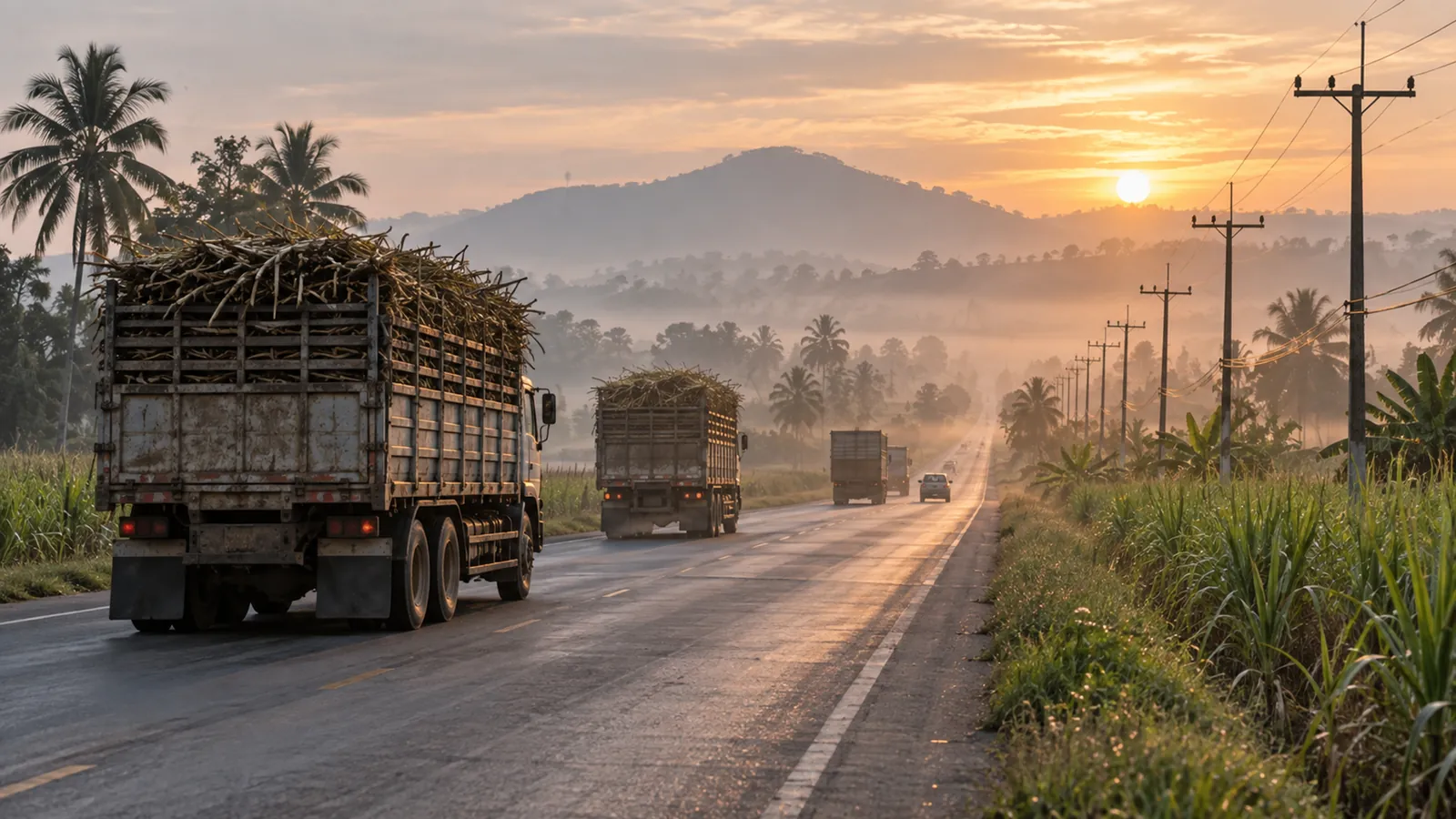 Lorries piled high with sugar cane on a rural highway at sunrise