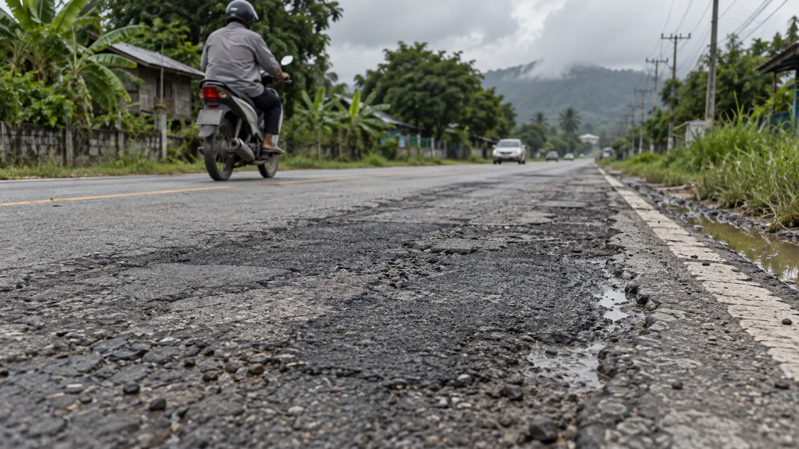 A rutted, broken stretch of road surface in close-up as a motorcyclist passes