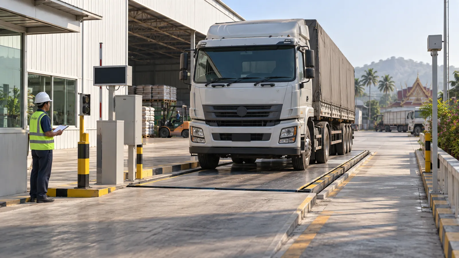 An inspector in a hard hat and high-visibility vest checks a lorry on a weighbridge