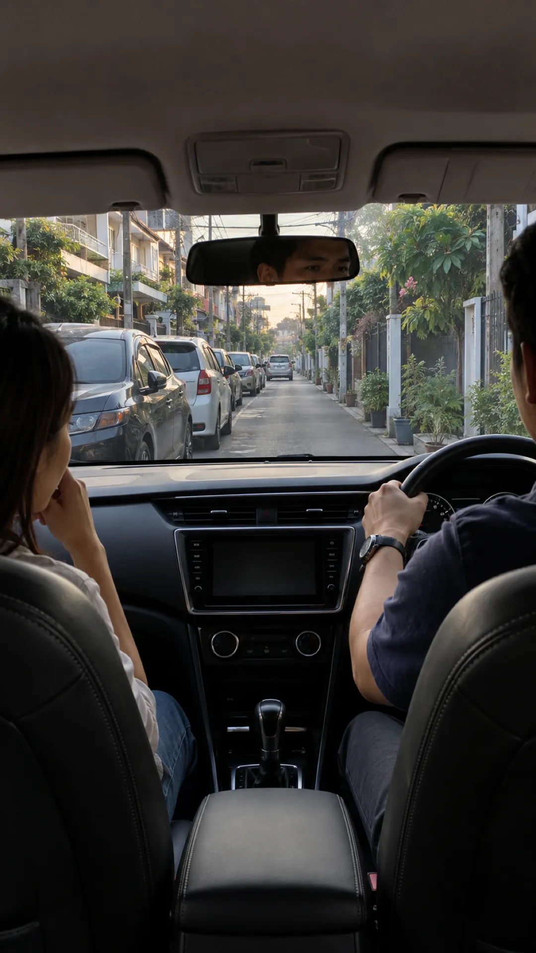 Seen through a windscreen, cars parked along both sides of a narrow soi