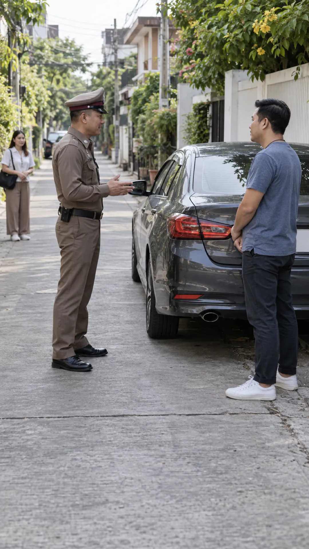 An officer speaks to a resident beside a car parked in a soi