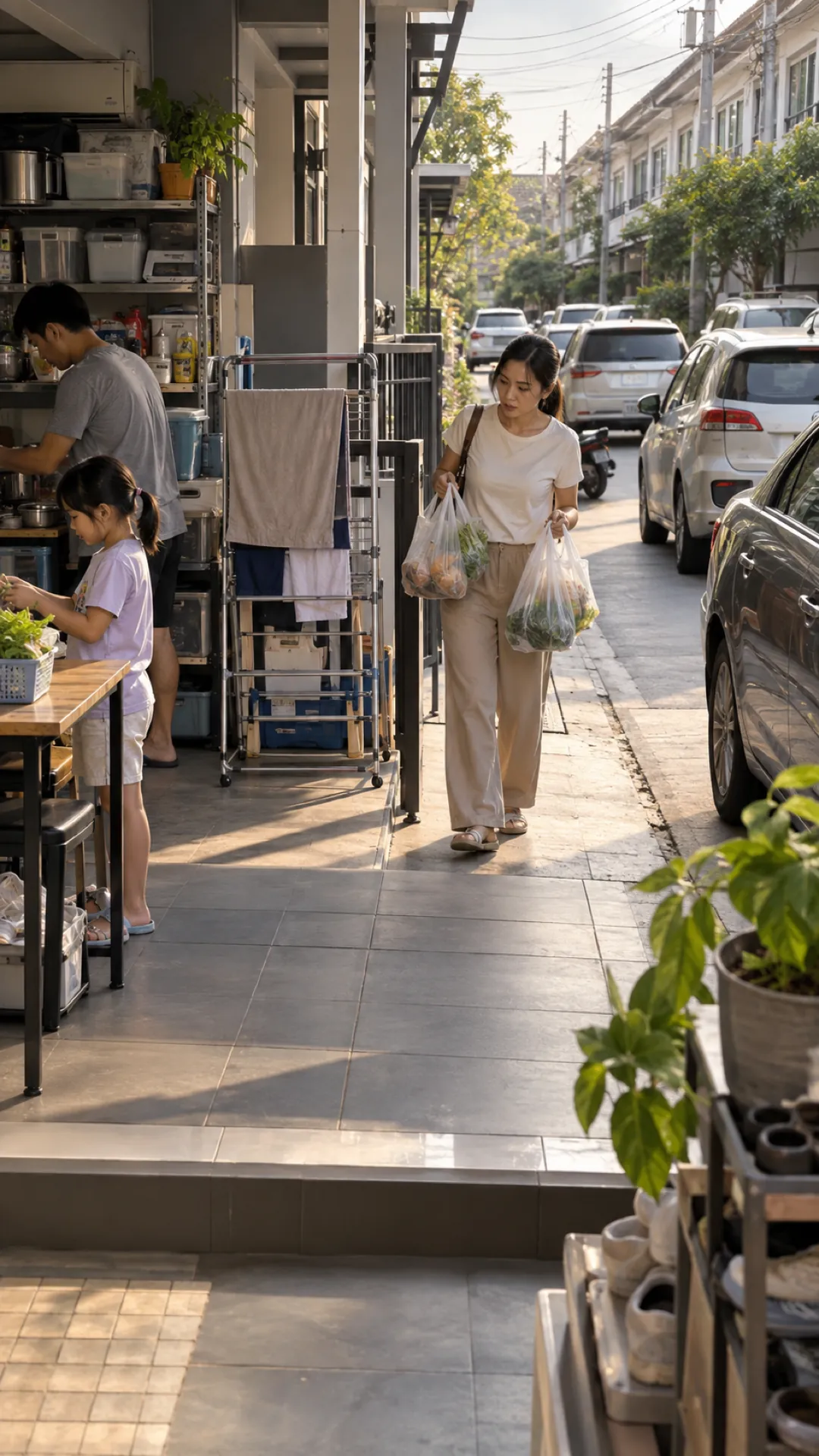 A woman with shopping bags squeezes past a drying rack and parked cars on a narrow pavement
