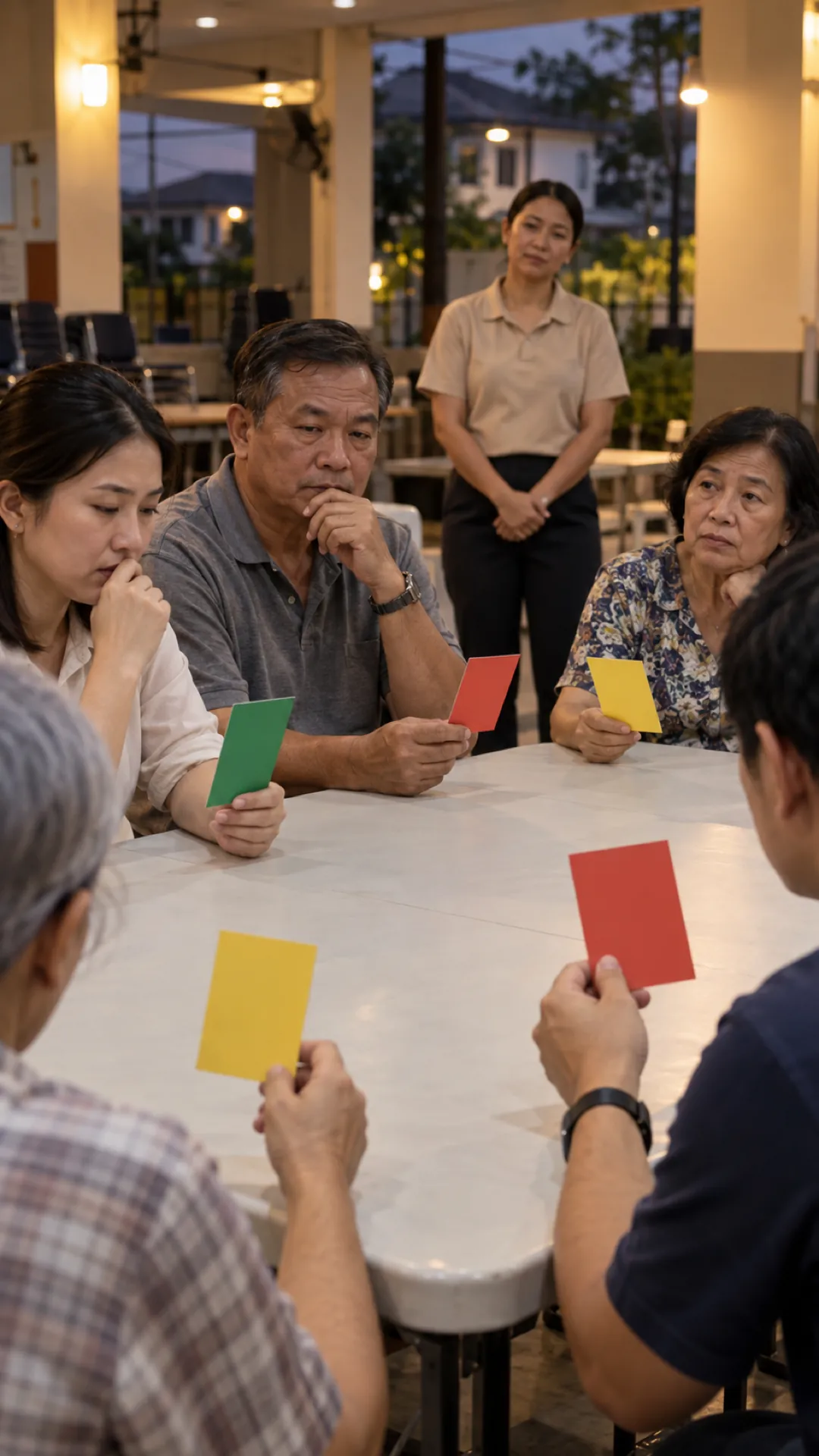 Neighbours with coloured voting cards at a residents' meeting