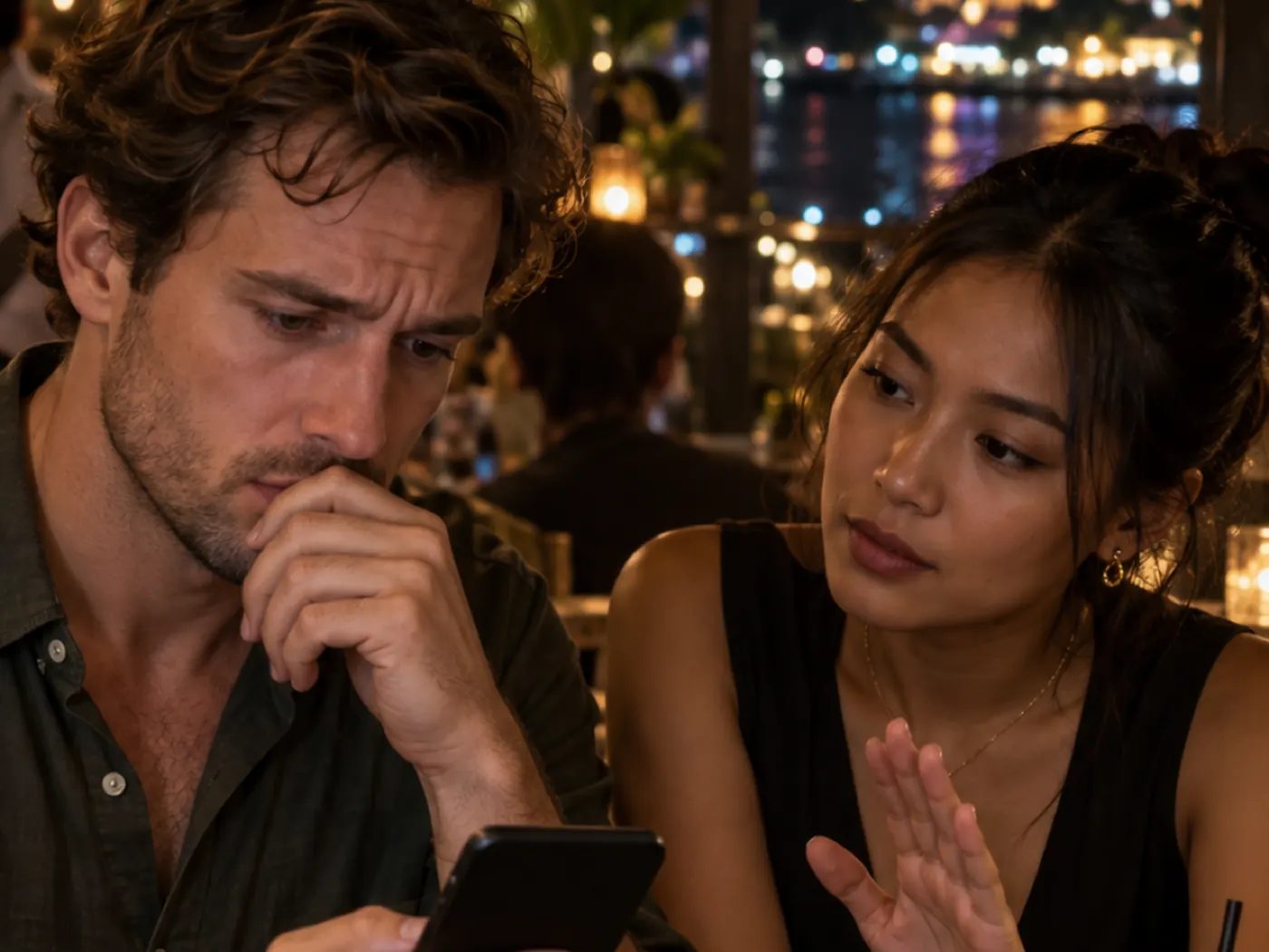 A man checks his phone anxiously while his partner waits