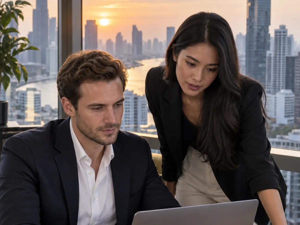 A colleague leans over to look at a laptop in an office above the river