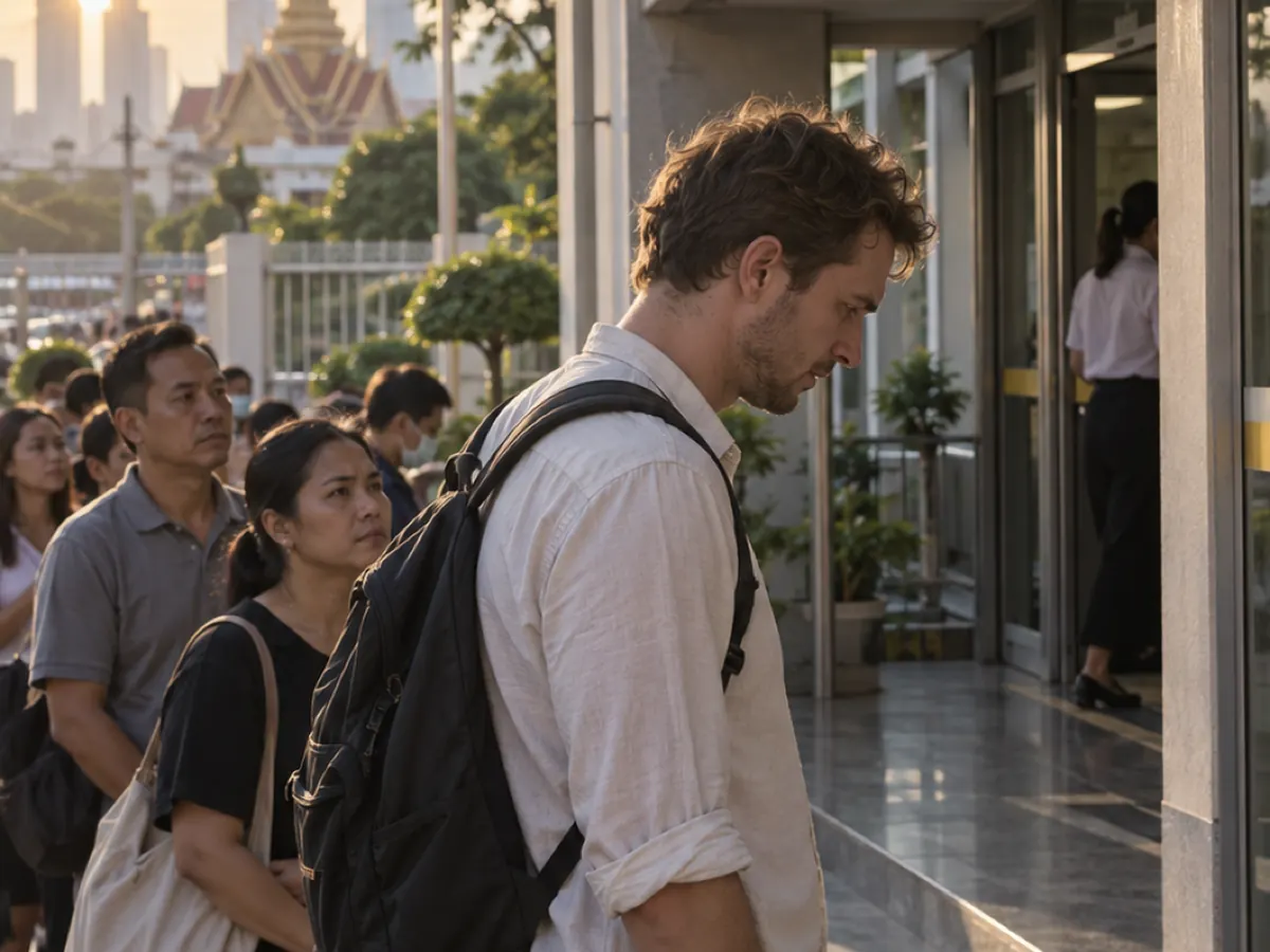 A queue outside a government office at sunrise