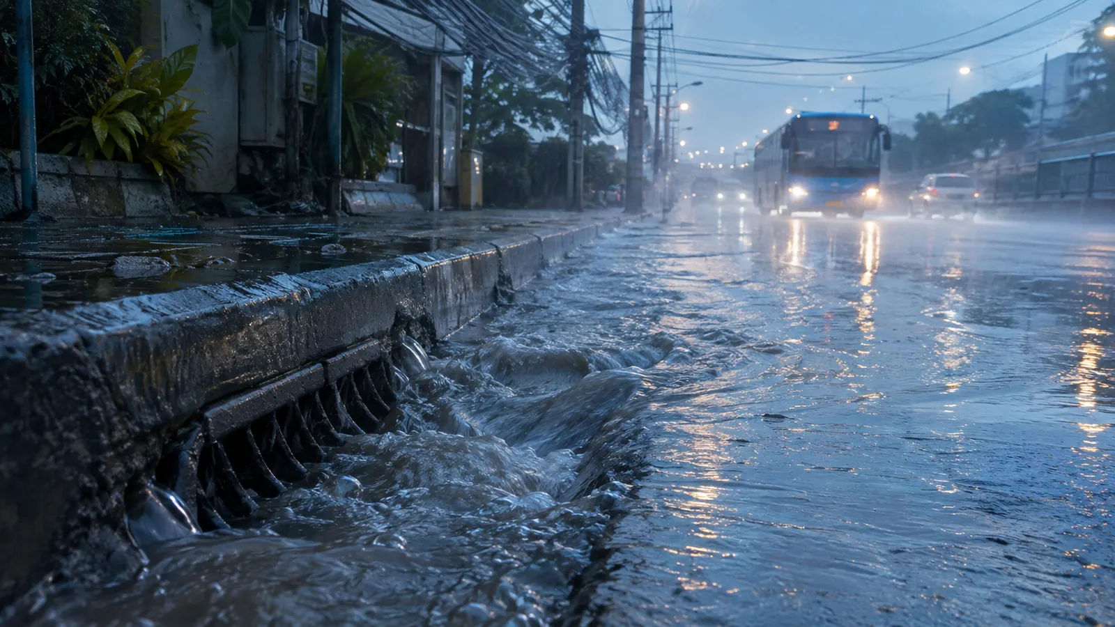 Rainwater rushes into a kerbside drain inlet on a Bangkok street at dusk as a bus approaches