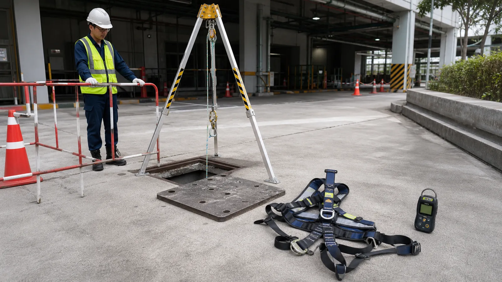 A retrieval tripod over an open manhole, a harness and a gas detector on the ground beside it, a safety attendant at the barrier