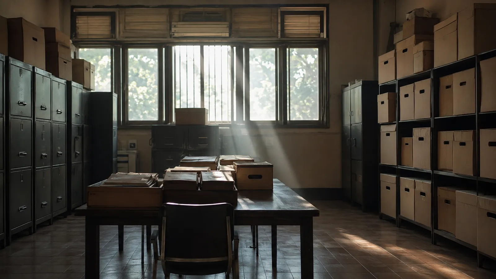 A records room, filing cabinets and boxed files on the shelves, light falling across the table