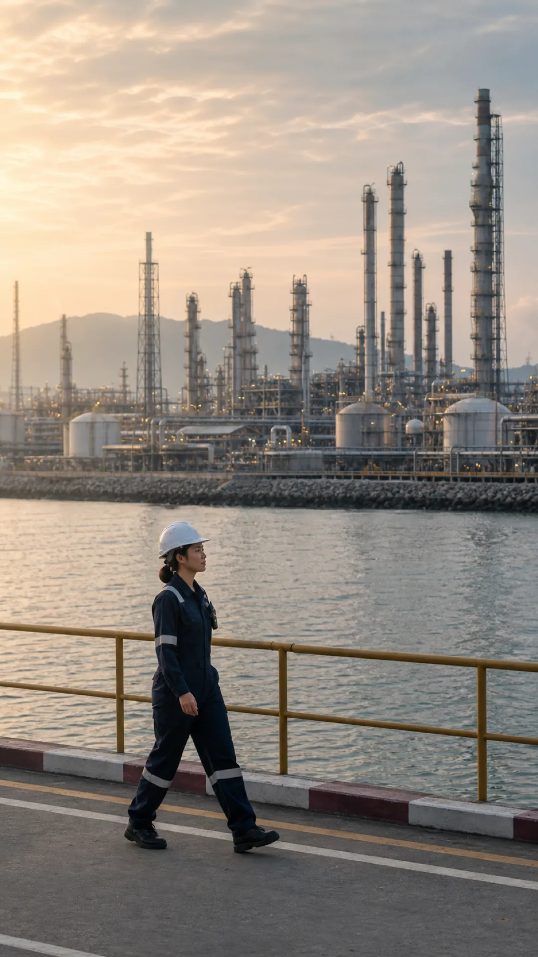 A worker in a hard hat by the shore in front of a petrochemical plant