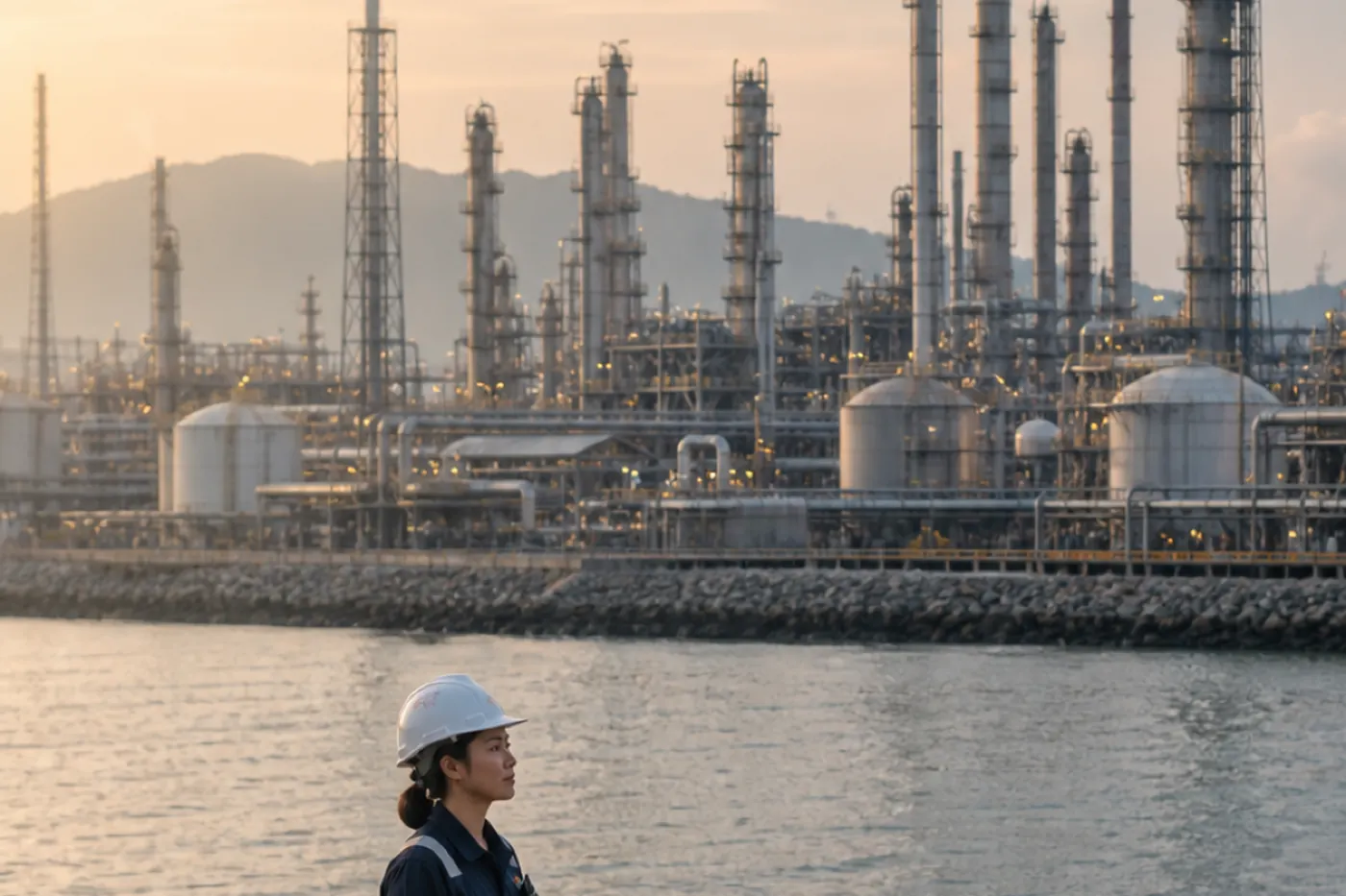 A worker in a hard hat by the shore in front of a petrochemical plant