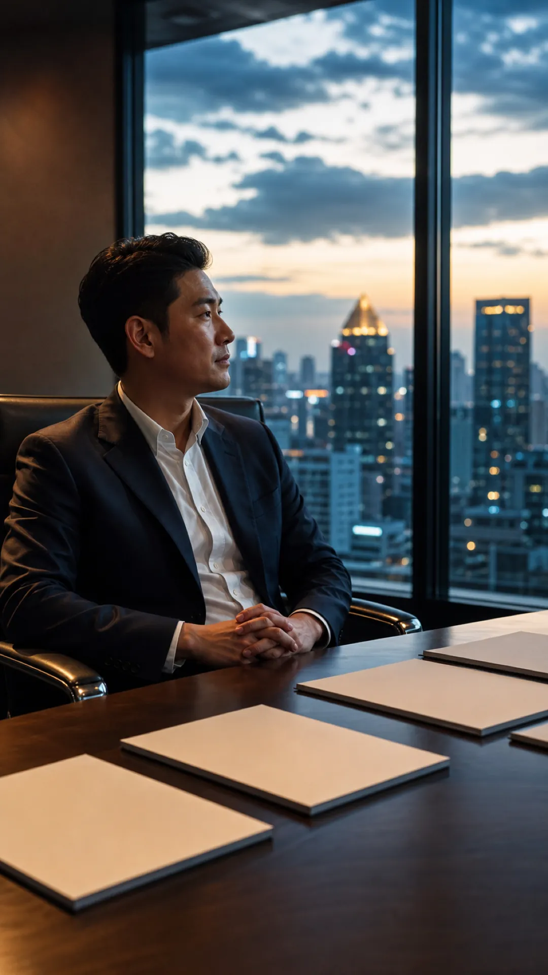 An executive at a high-rise window over the city at dusk