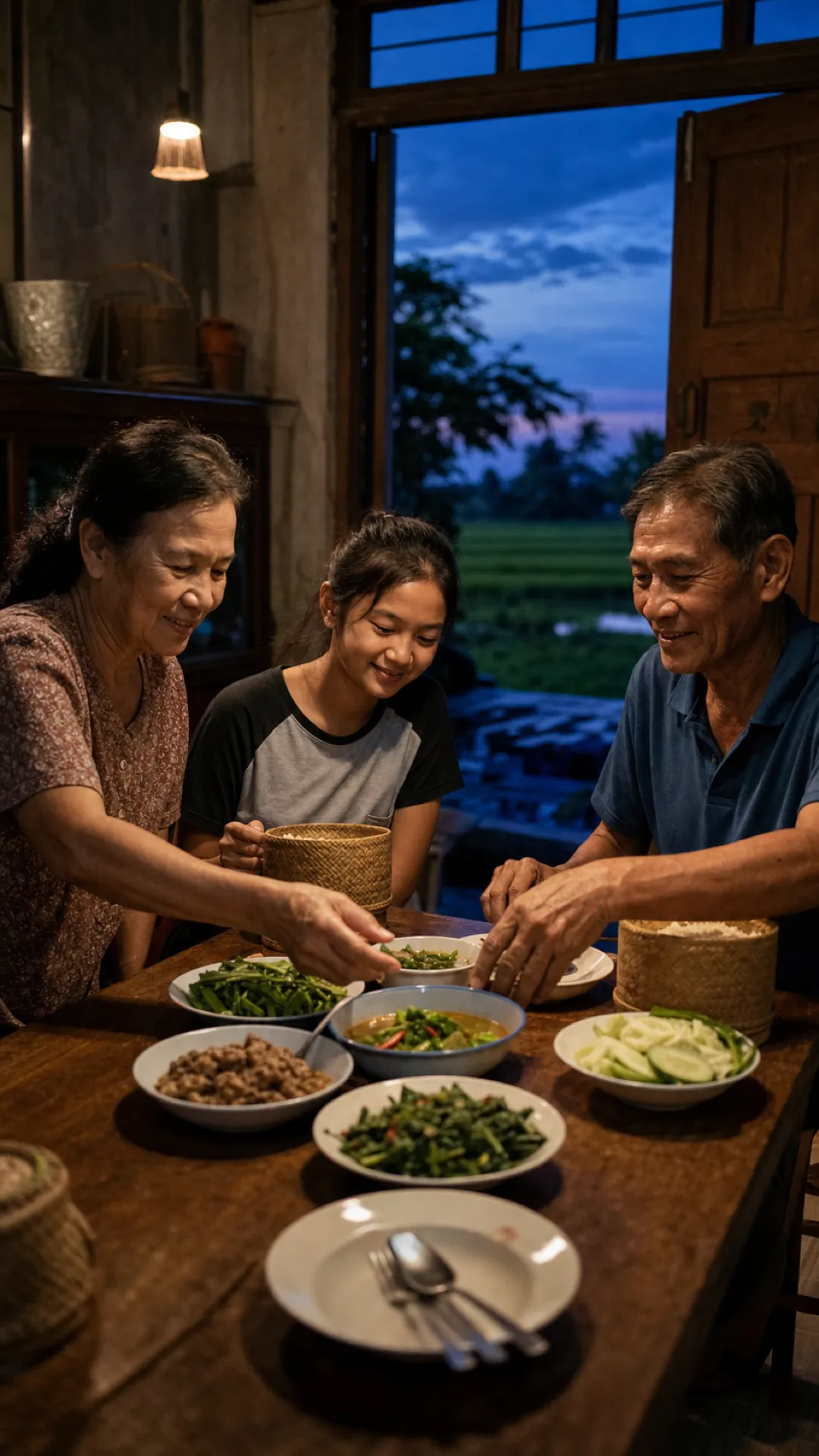 A family shares a meal at home in the north-east at dusk