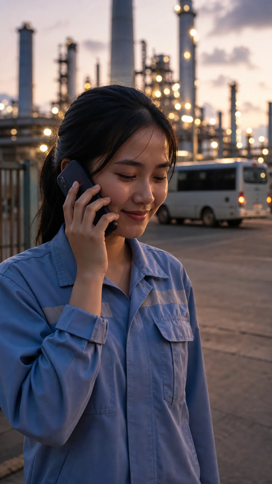 A woman on the phone outside an industrial estate