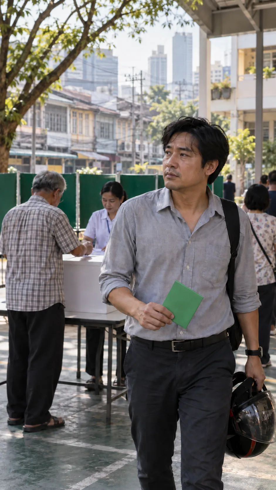 A man walks away from the booths of a polling station under a tin roof while others vote behind him