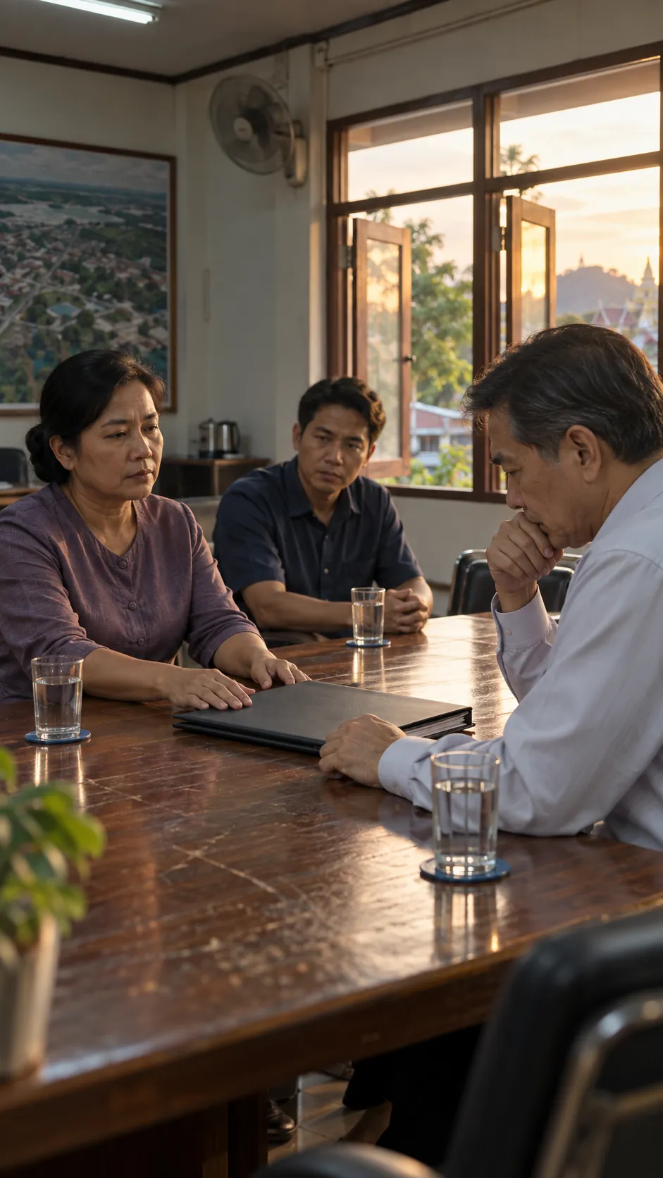 Council members wait at a long table in a provincial office while an older official ponders a closed folder