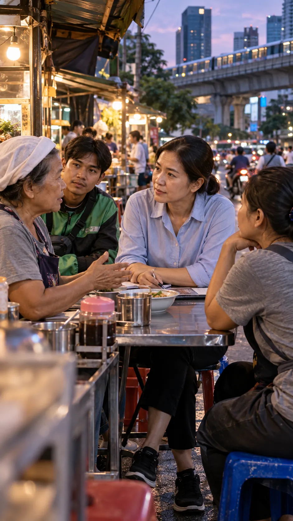 A woman in a blue shirt listens to residents around a street-food table under an elevated railway at dusk