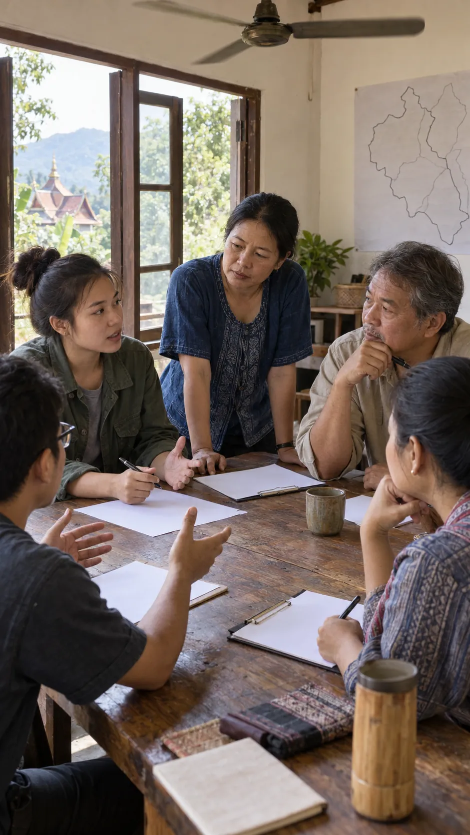 Five people plan around a table by an open window, an outline map of Thailand's provinces on the wall