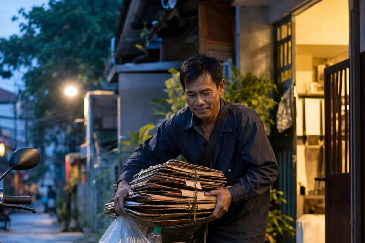A collector loads flattened cardboard onto a cart at dawn