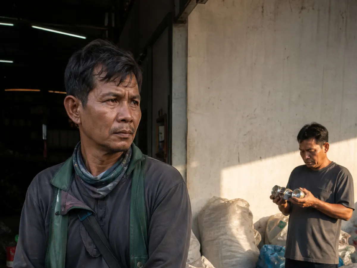 A cart collector waits with sacks of sorted material outside a scrap shop