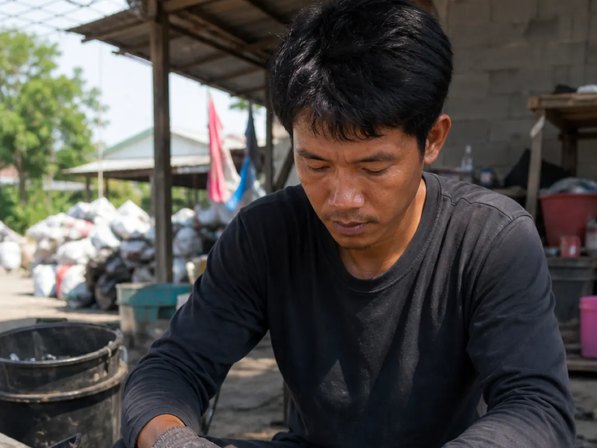 A worker in gloves strips a circuit board beside a heap of waste