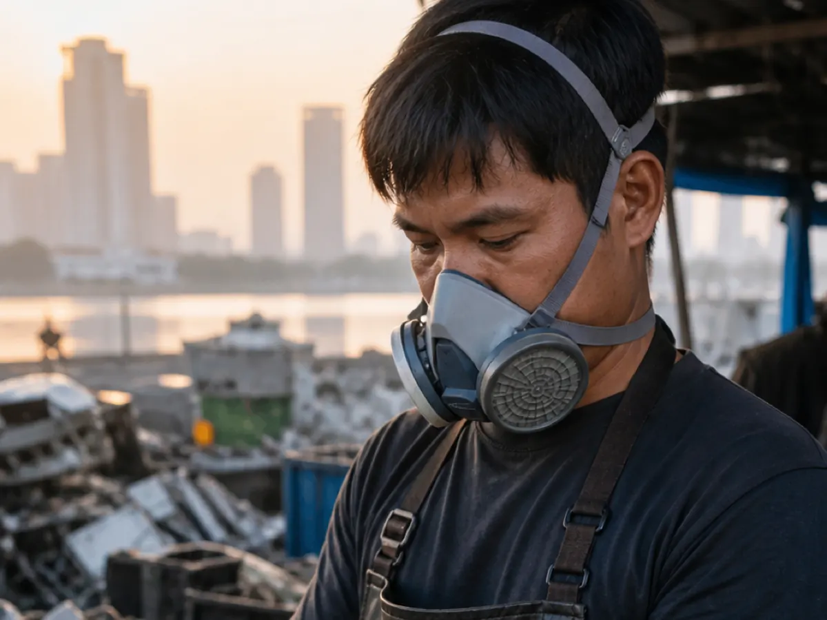 A worker in a respirator sorts electronic scrap