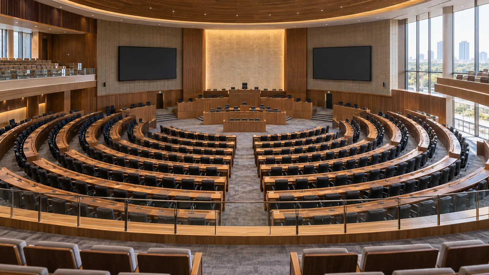 An empty legislative chamber, curved rows of seats facing the presiding bench, city towers beyond the windows