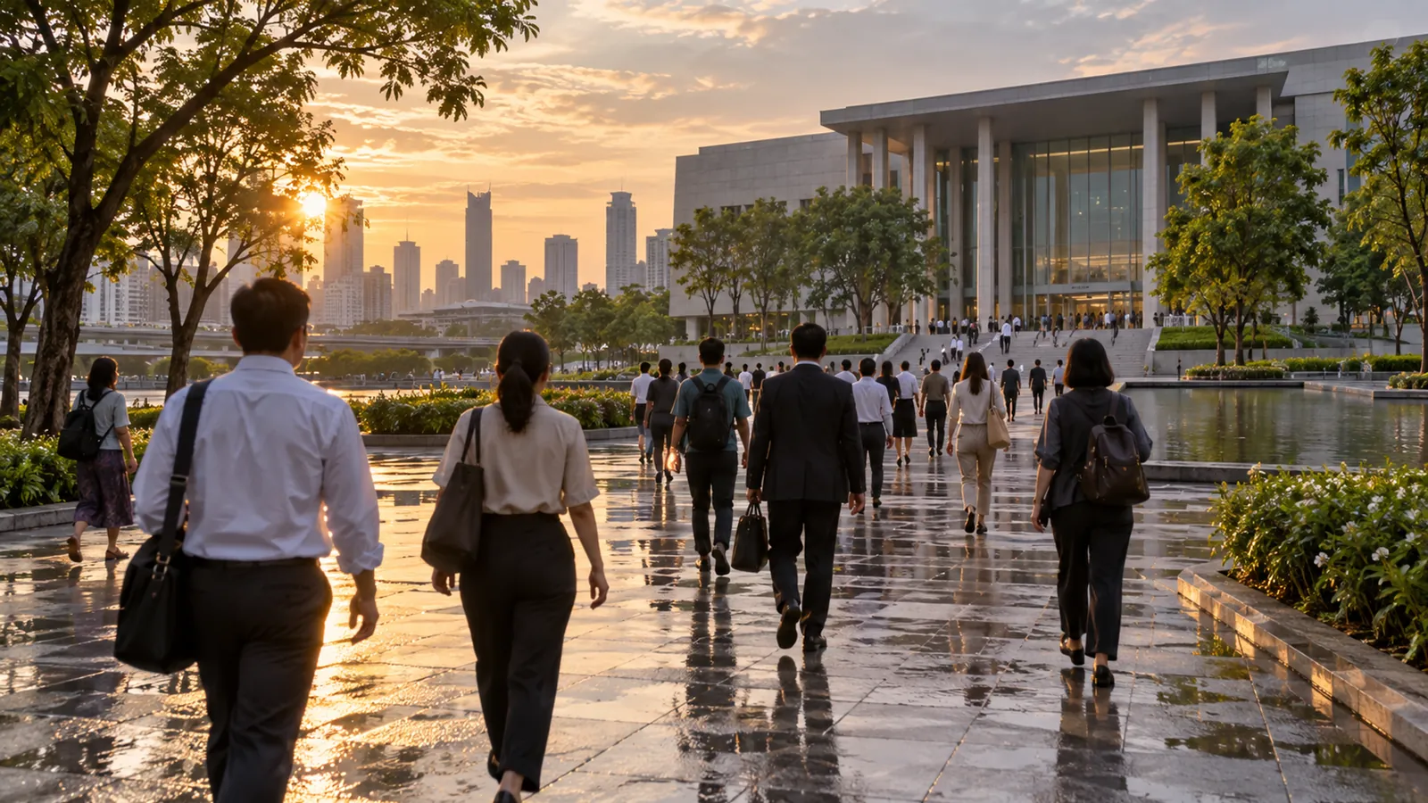 People walk across a wet plaza at sunrise towards a large columned public building, the city skyline behind