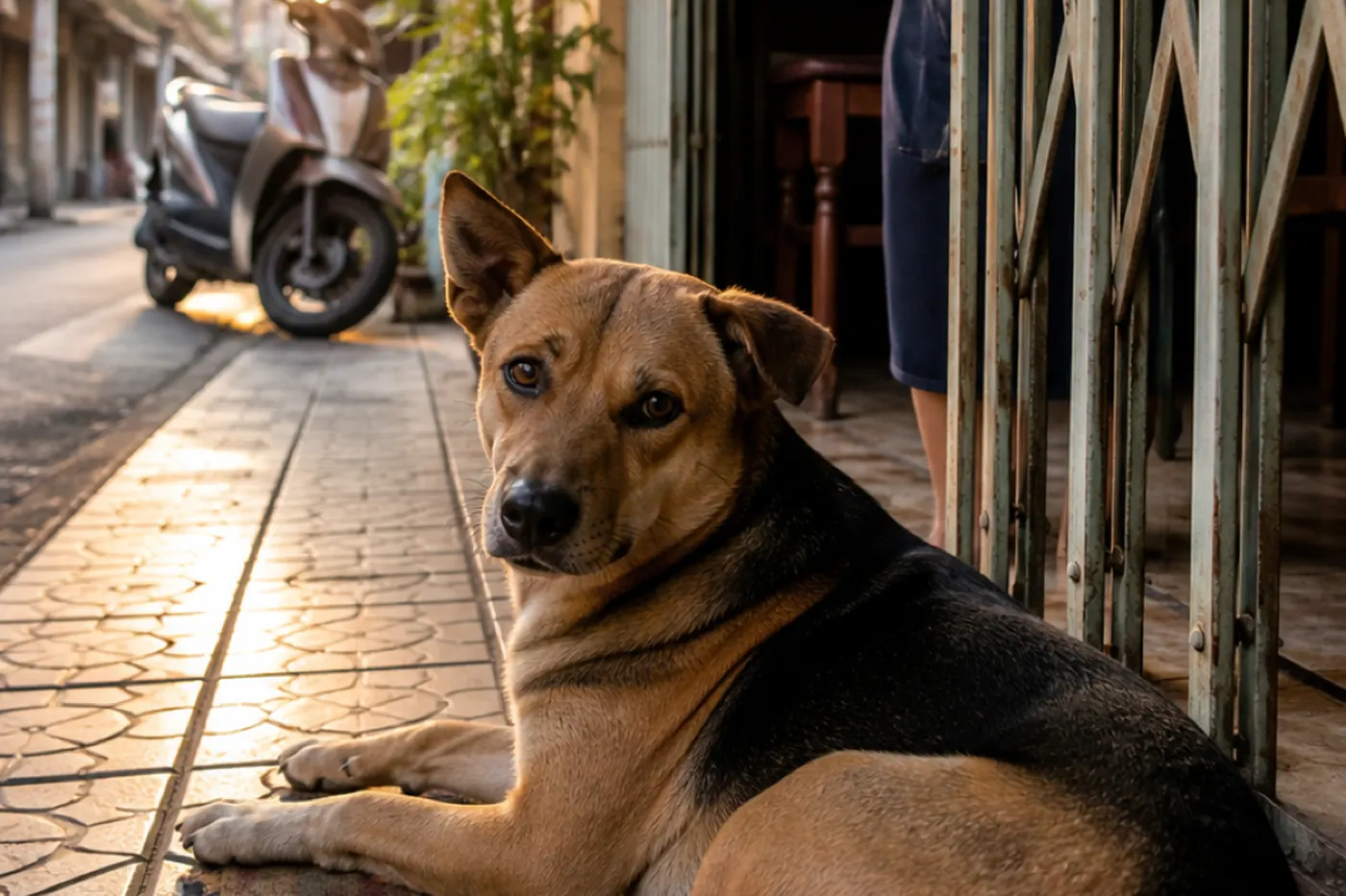 A dog resting in a shophouse doorway in a Bangkok soi