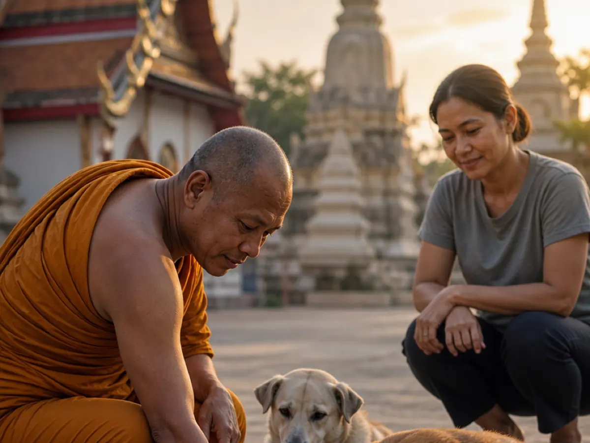 A monk and a woman feed dogs in a temple courtyard