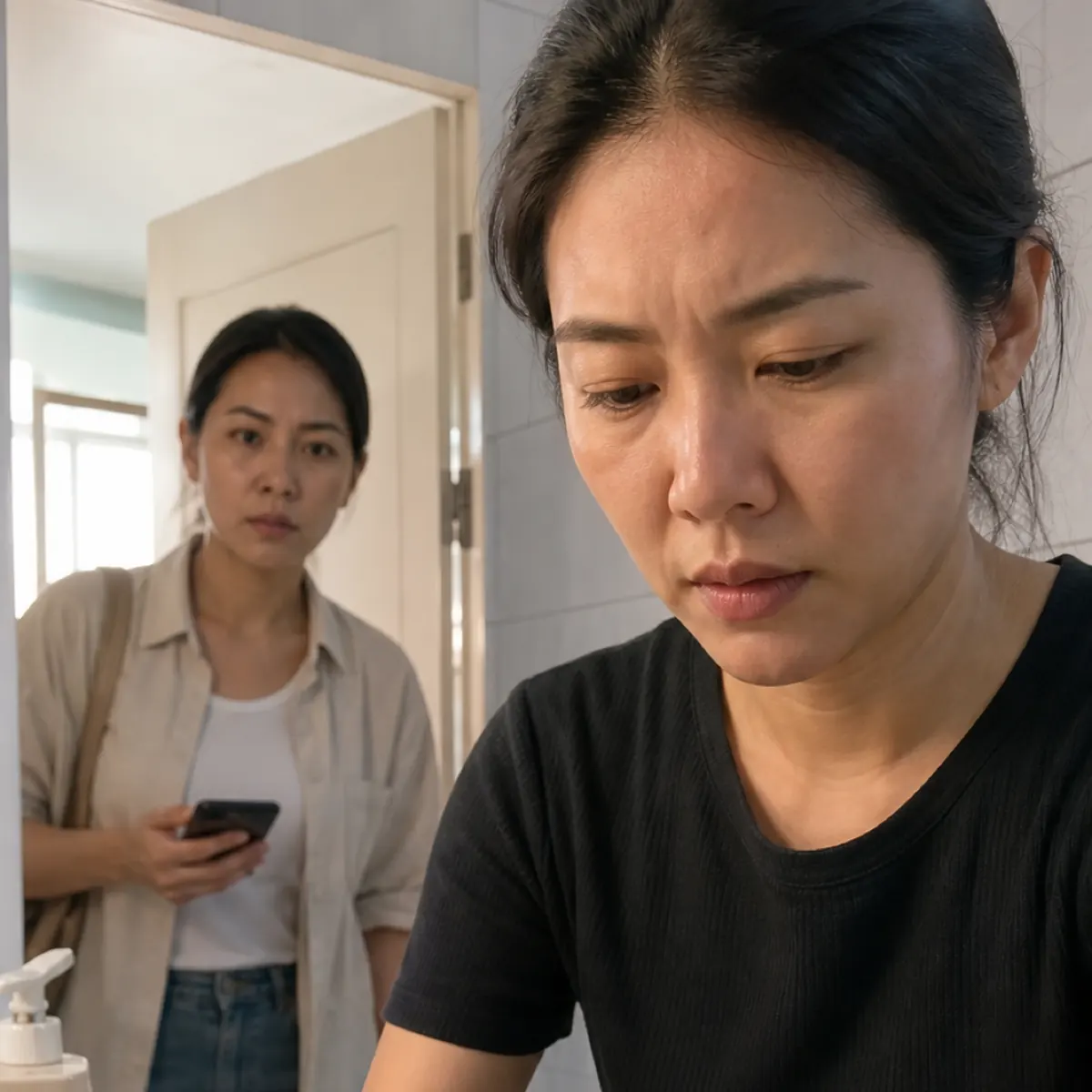 A woman checks a bite while a friend looks up a number on her phone