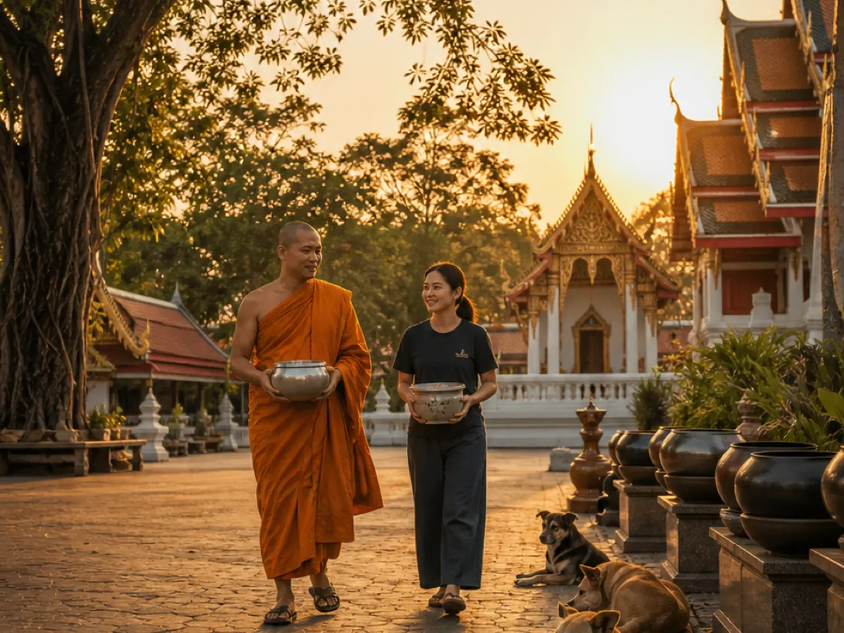 A monk and a volunteer carry bowls across a temple courtyard at sunset