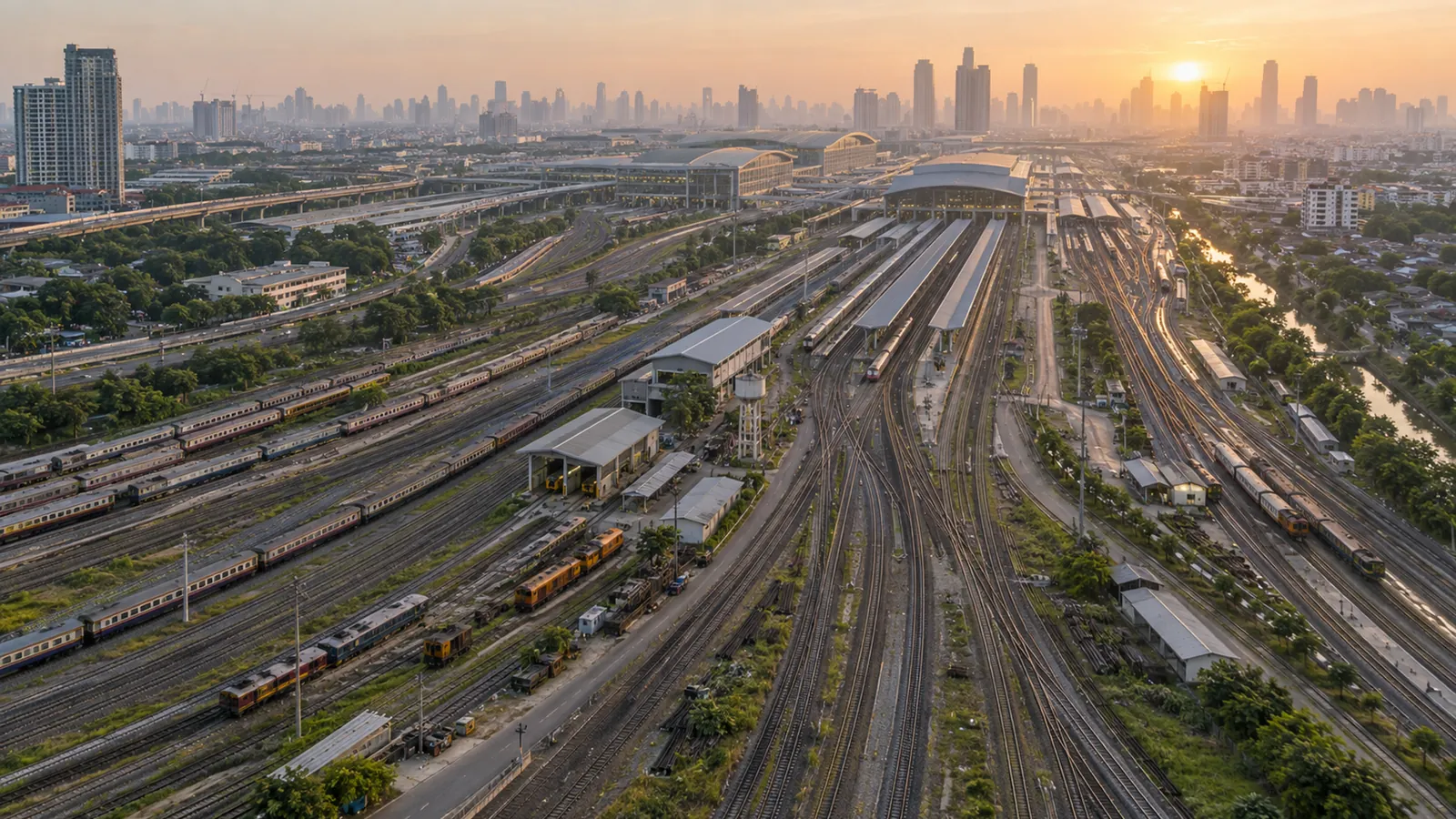 From above, a sprawling railway yard of tracks, sheds and rows of carriages, the city skyline behind at sunrise