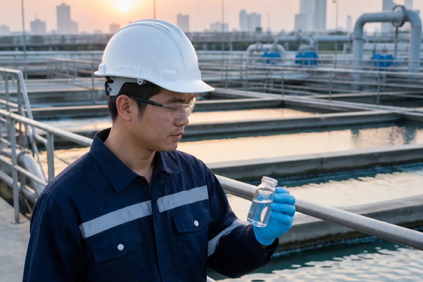 A technician holds up a sample bottle at a water treatment plant