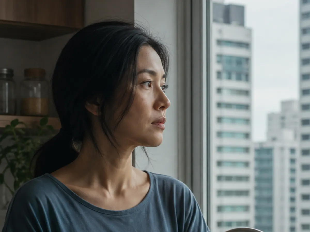 A woman at a kitchen tap looks out over the city