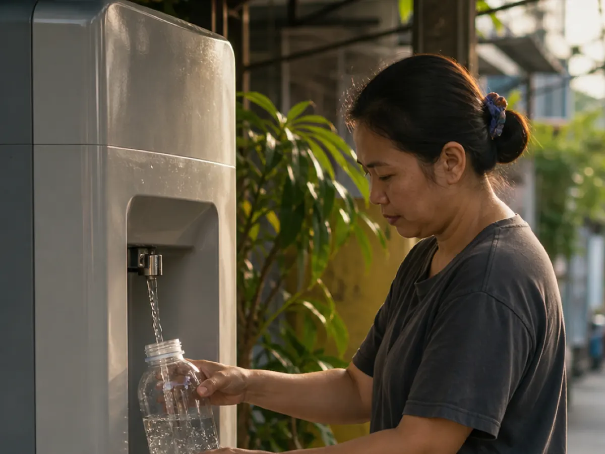 A woman fills a bottle at a coin-operated water refill machine