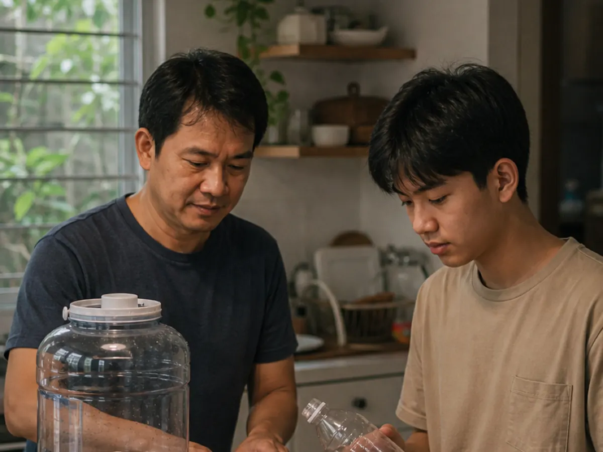 A father and son at a kitchen table with a large refillable water bottle