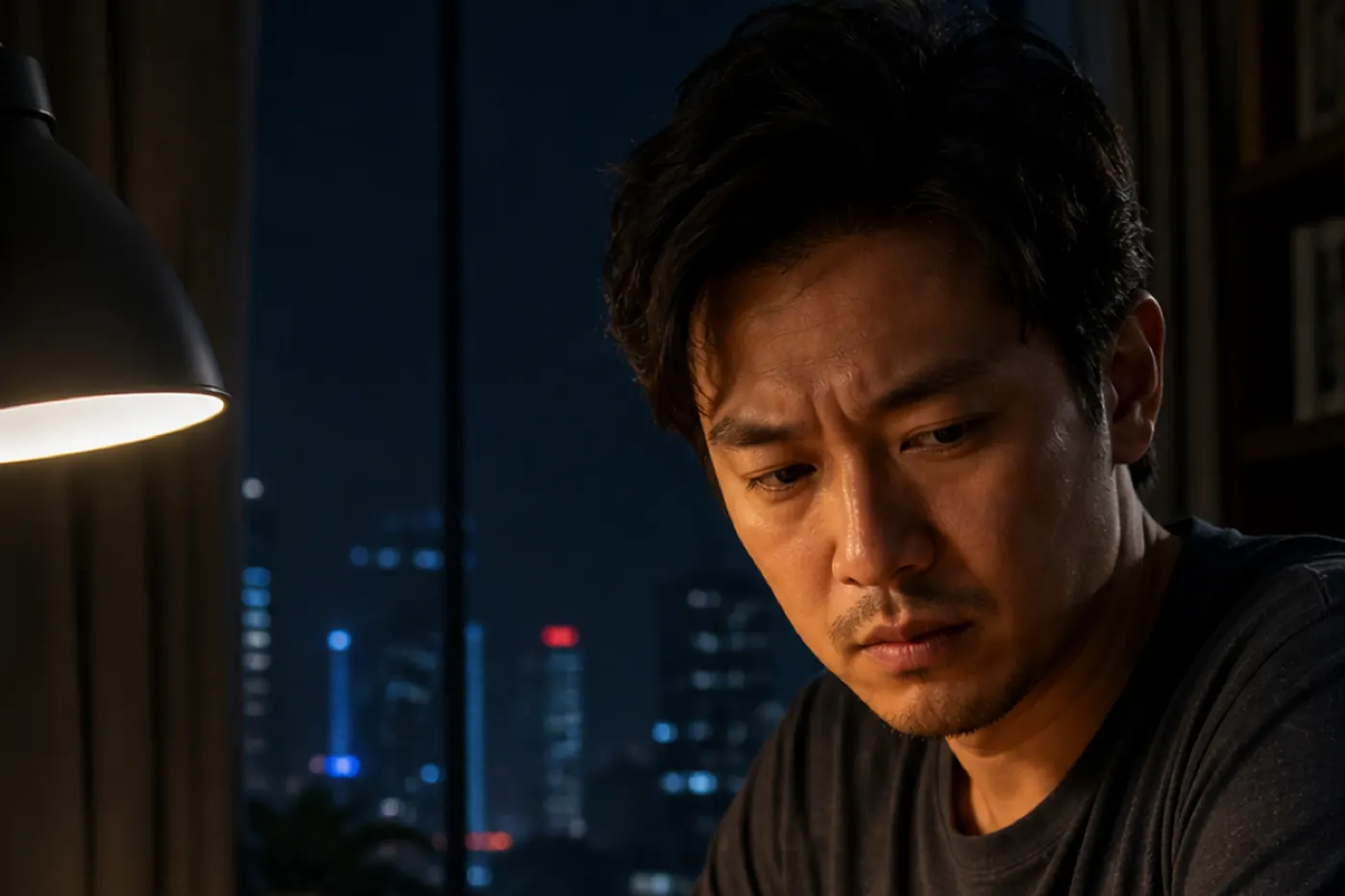 A man frowns at a letter under a desk lamp