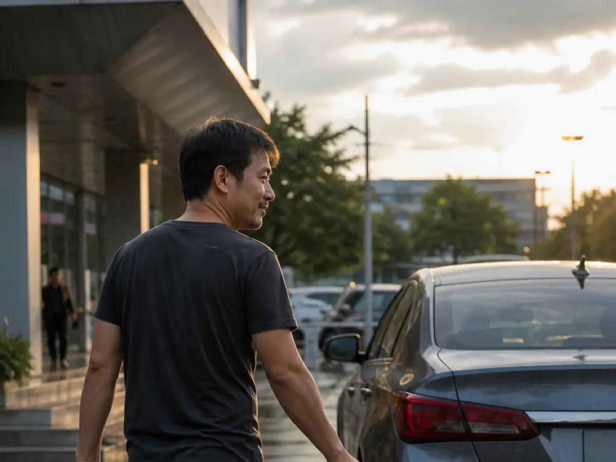 A driver walks away from his car with a notice in his hand