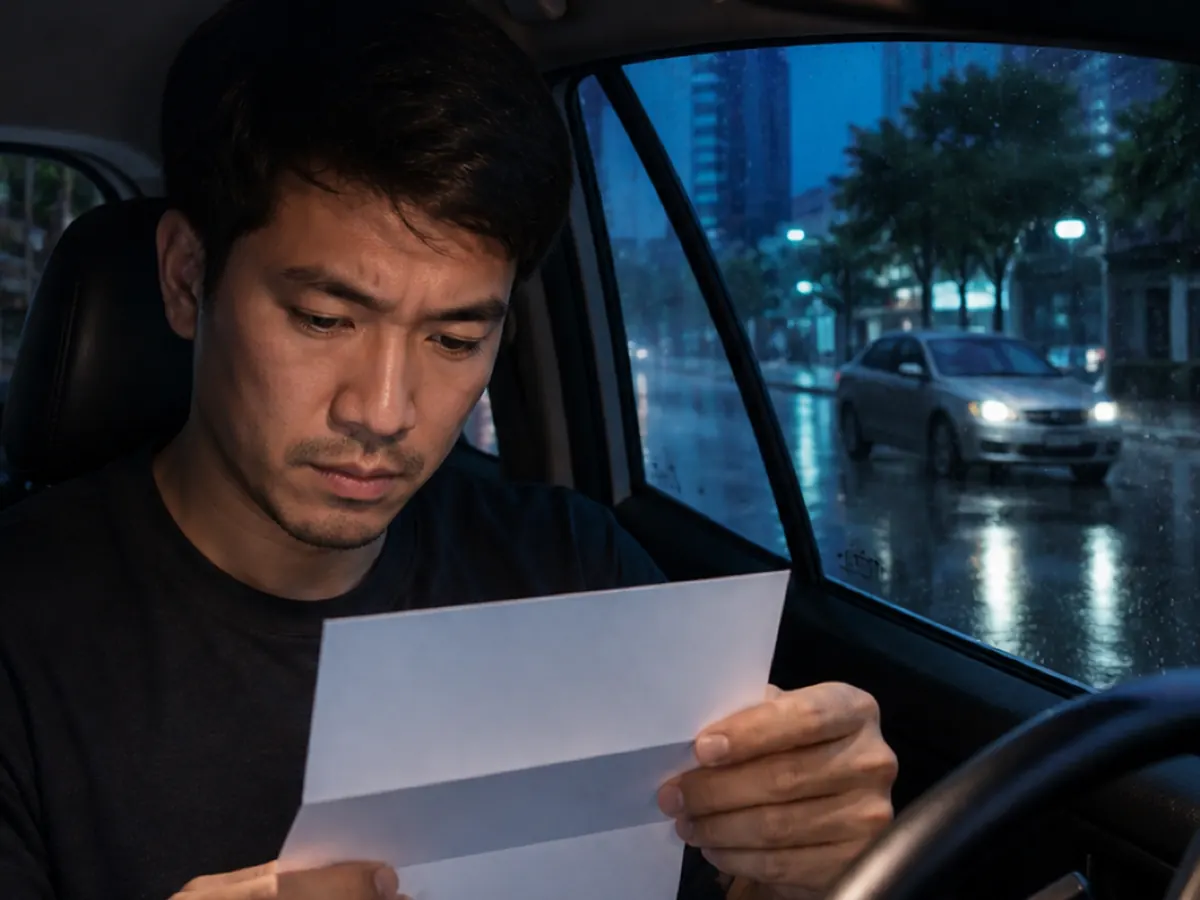 A driver reads a notice in his car on a rainy night