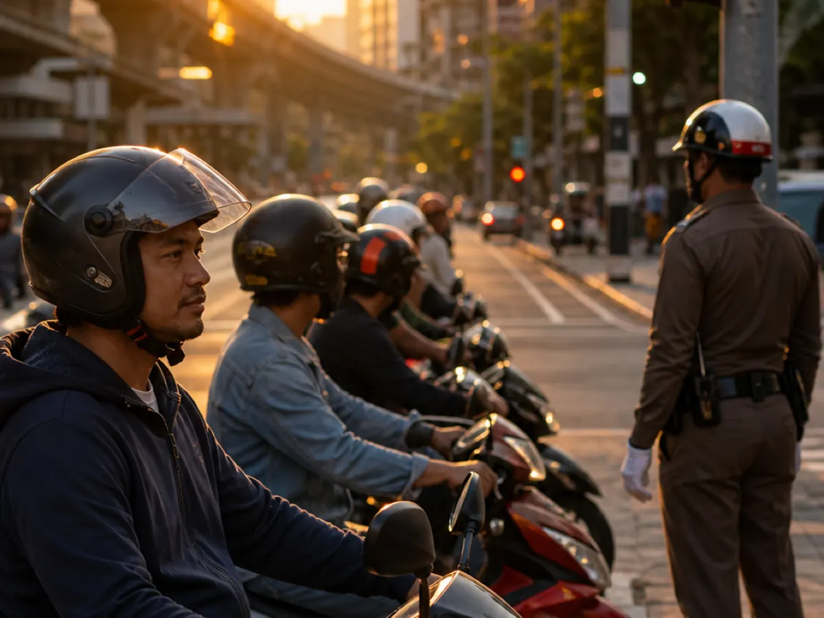 Motorcyclists wait at a checkpoint as an officer looks on