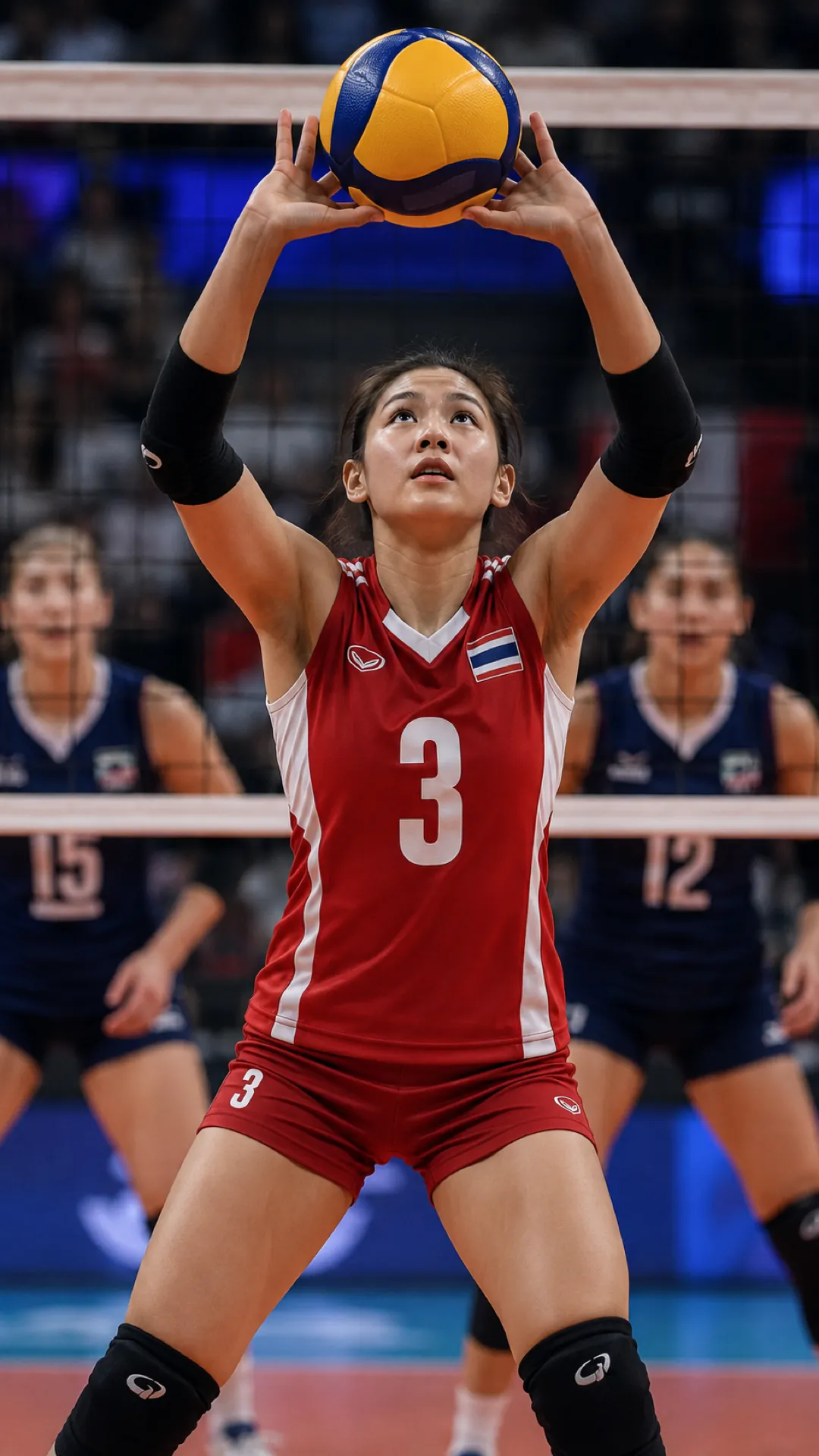 A Thai player in a red number-3 shirt sets the ball at the net