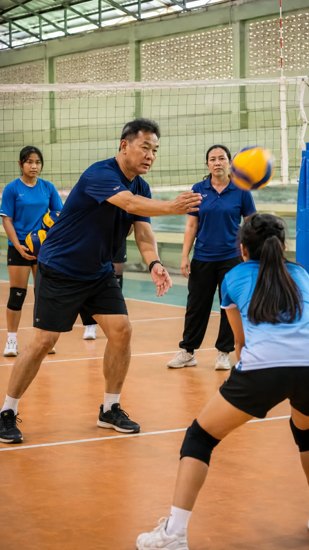 A coach tosses a ball to young players at a training session