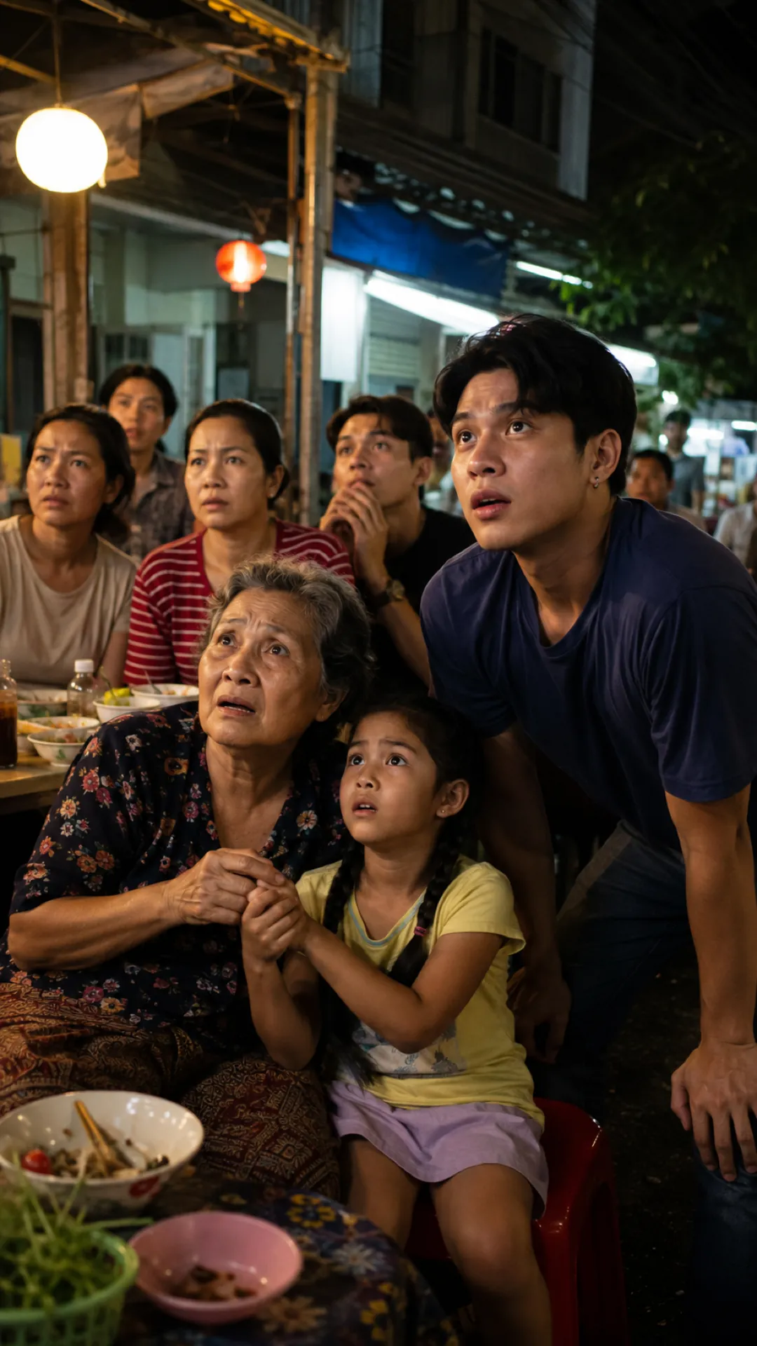 A family at a street restaurant looks up at a screen together