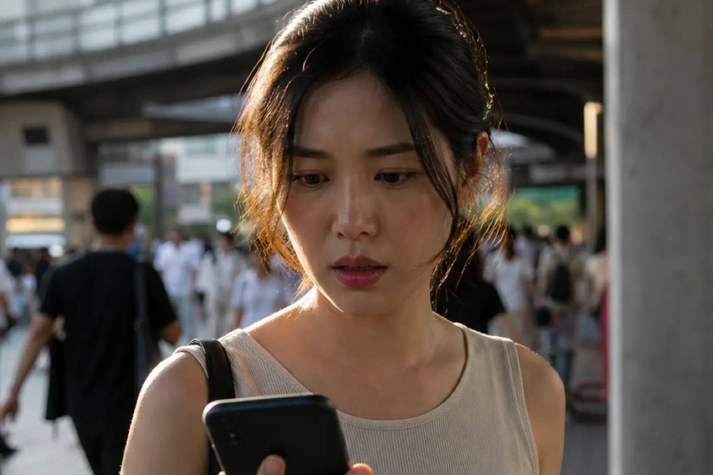 A traveller checks her phone in a crowded transport hall