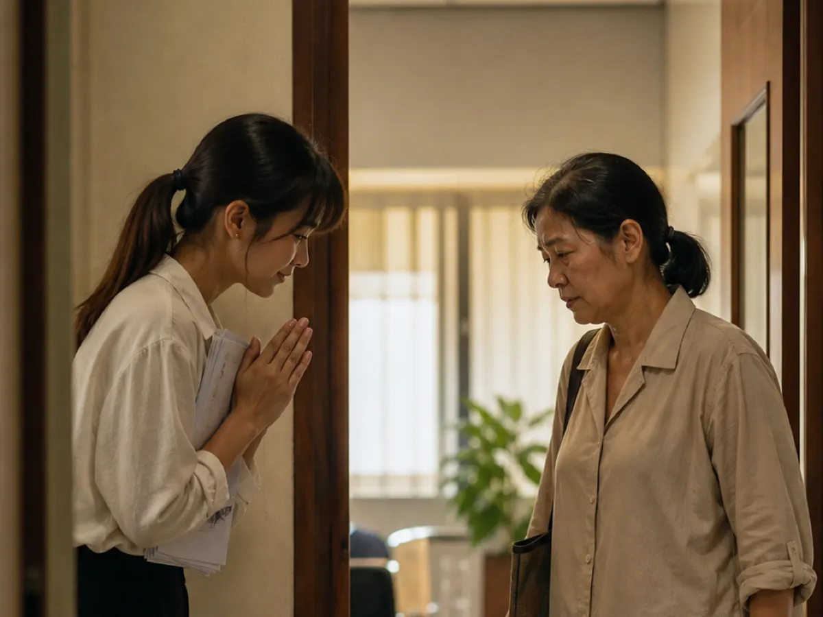 A young woman offers a wai to an older woman at an office doorway